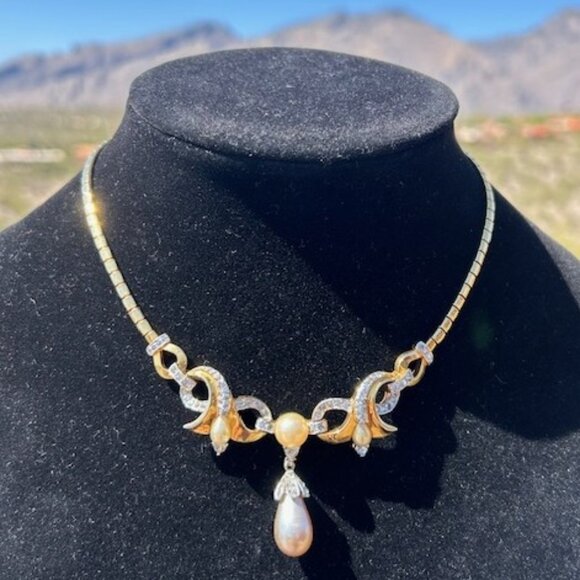 KRAMER Regal Gold Pearl and Rhinestone Choker NECKLACE - Picture 1 of 11